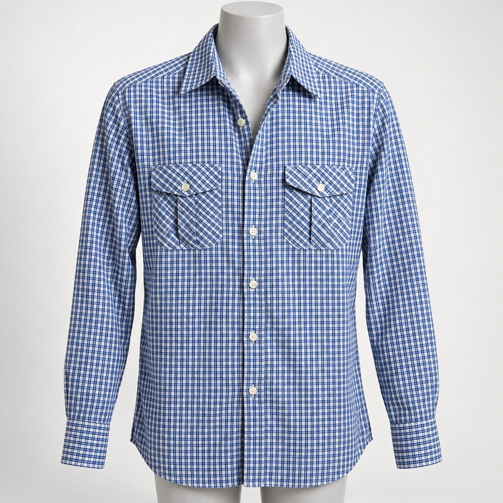 Mens Med Blue Checkered Long Sleeve Button Down Shirt Cotton
